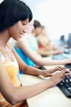 Knowledge, girl and typing with computer in class for development, IT cours.. 写真素材