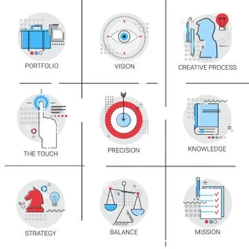 Knowledge Learning Creative Process, Portfolio Strategy Mission Icon Set Stock Illustration