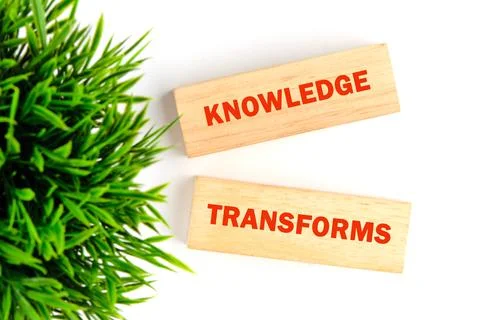 Knowledge learning innovation concept. KNOWLEDGE TRANSFORMS words made of wooden Stock Photos