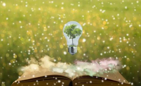 Knowledge. Light bulb with a tree inside suspended on an old open book Stock Illustration