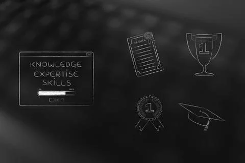 Knowledge loading pop-up next to group of education accomplishment icons from Stock Illustration