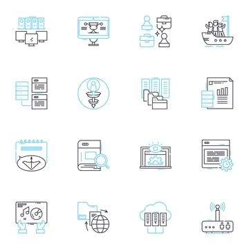 Knowledge management linear icons set. Retrieval, Collaboration, Sharing イラスト素材