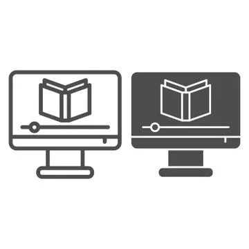 Knowledge online course line and solid icon. Learning video with book on monitor Stock Illustration