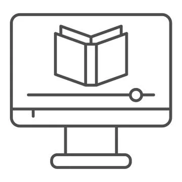 Knowledge online course thin line icon. Learning video with book on monitor Illustrazione stock