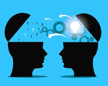 Knowledge or ideas sharing between two people head, transferring knowledge,.. Stock Illustration