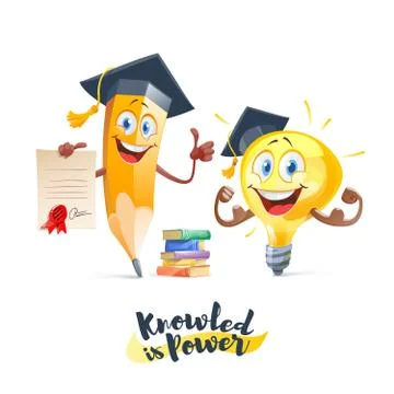 Knowledge is power, education concept, Light bulb idea and pencil with books Stock Illustration