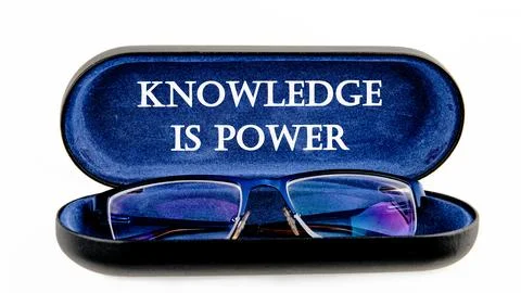 KNOWLEDGE IS POWER words on the glasses case on a white background Stock Photos