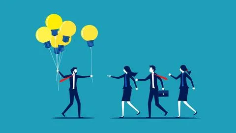 Knowledge sharing. businessman boss presents light bulb balloons to employees Stock Illustration