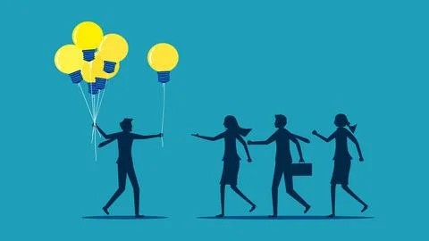 Knowledge sharing. businessman boss presents light bulb balloons to employees Stock Illustration