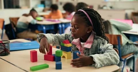 Knowledge, student and child with building blocks, classroom or creative game Stock Footage 316170401