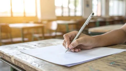 Knowledge test in school with the hands of students writing on the answer sheets Stock Photos