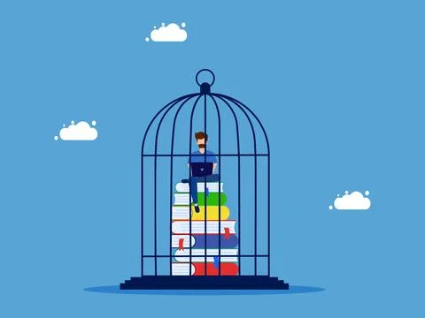 Knowledge trap. man working on laptop in cage with stack of books Stock Illustration