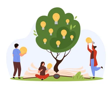 Knowledge tree growing from open paper book, new ideas and inspiration of tiny Stock Illustration