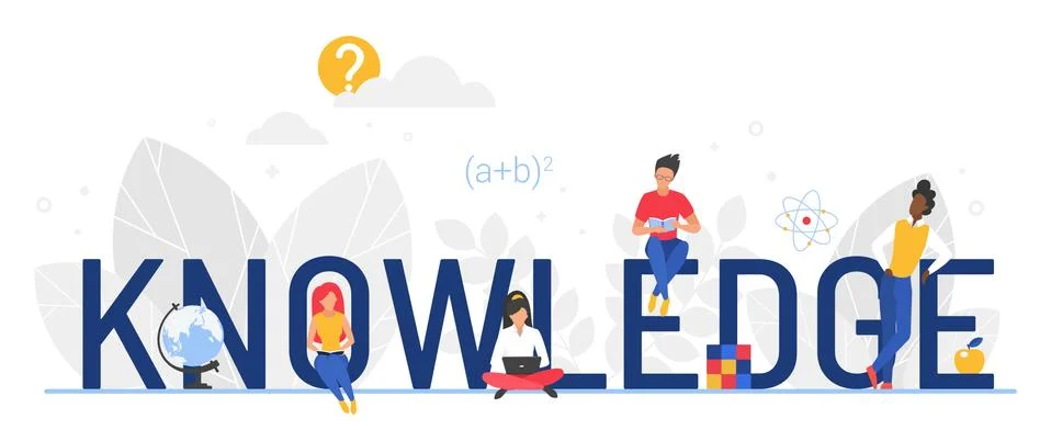 Knowledge word vector illustration, cartoon flat tiny booklovers woman man Stock Illustration