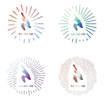 Ko Phi Phi low poly sunburst set. Logo of island in geometric polygonal sty.. Stock Illustration
