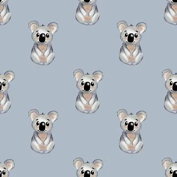 Koala art pattern design featuring watercolor illustrations on a light blue.. Stock Photos