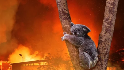 Koala Bear In Tree Caught In Australia Fire Stock Footage