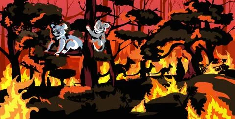 Koala bears sitting on tree forest fires in australia animals dying in wildfi Stockillustratie