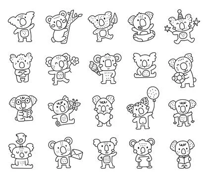 Koala character set in outline line art Stock Illustration