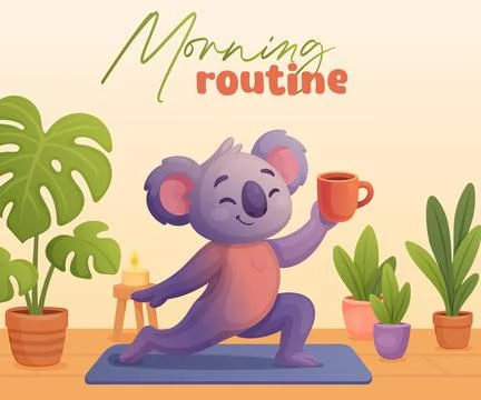 Koala doing yoga with coffee in hand in cozy atmosphere, morning routine Stock Illustration