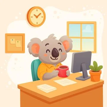 Koala mascot with coffee sits at computer in cozy atmosphere at remote work 스톡 일러스트