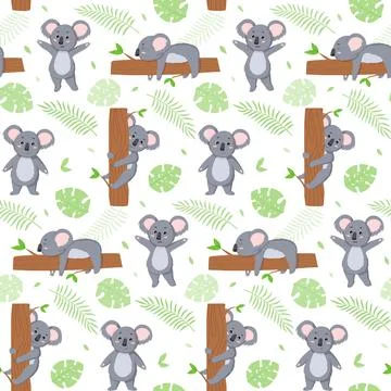 Koala pattern. Cute girl or boy animal print with tropical leaves and flowers Illustrazione stock