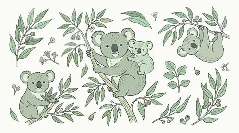Koalas and eucalyptus leaves with branches on an isolated white background. Stock Illustration
