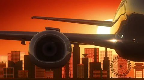 Kobe Japan Airplane Take Off Skyline Golden Background Stock Footage