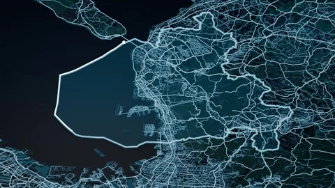 Kobe Japan Glowing Digital Map Animation 4K Video stock 340001759