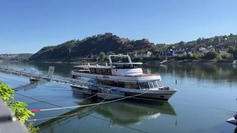 Koblenz, Germany, August 12, 2026 selective focus river cruise ship enterin.. Stock Footage 344930480
