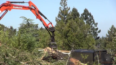 Kobota front end loader grabbing thick tree trunk and dragging it uphill Stock Footage 123515969
