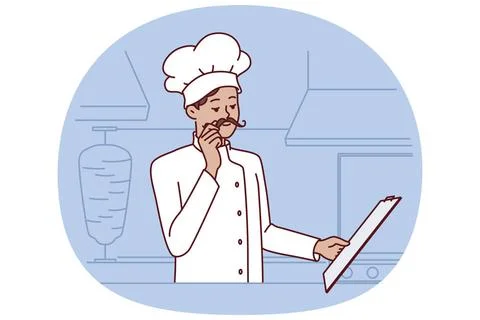 Koch Koch Mann steht in der Küche Street Food Restaurant und hält Zwischen. Stock Photos