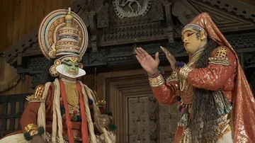 Kochi, India - two elaborately dressed Kathakali actors perform on theatre stage Video stock 85962183