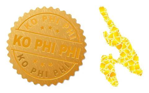 Koh Phi Don Map Collage of Golden Elements and Metal Ko Phi Seal Stock Illustration