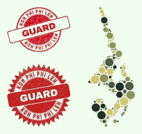 Koh Phi Leh Map Composition with Camouflage Military Round Elements with Grunge イラスト素材