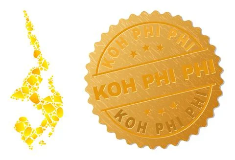 Koh Phi Leh Map Mosaic of Gold Fractions and Metallic Koh Phi Seal Stamp Stock Illustration