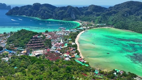 Koh Phi Phi island viewpoint, aerial view of tropical lagoon in Thailand Stock Footage 232968663