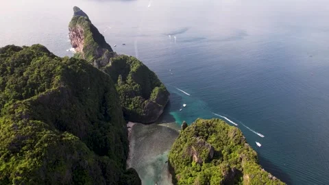 Koh Phi Phi Lee panoramic aerial of Maya Bay and Phi Leh Bay with turquoise Stock Footage 310174076