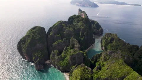 Koh Phi Phi Lee panoramic aerial of Maya Bay and Phi Leh Bay. High quality 4k Stock Footage 310174850