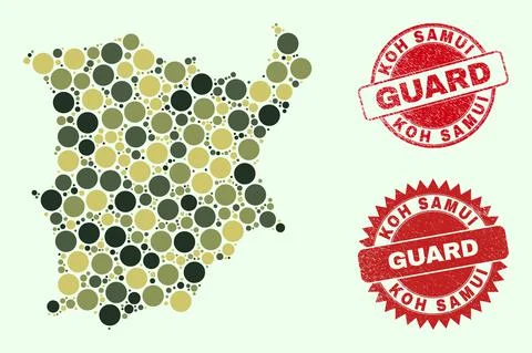 Koh Samui Map Collage with Camouflage Military Round Elements with Distress Stock Illustration