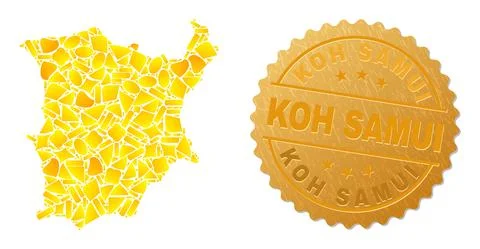 Koh Samui Map Collage of Gold Parts and Metal Koh Samui Seal Stock Illustration