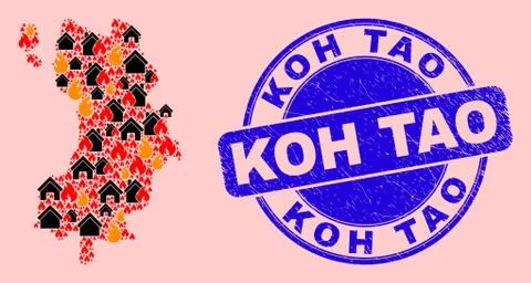 Koh Tao Map Mosaic of Flame and Buildings and Scratched Koh Tao Seal Stamp Ilustración de archivo