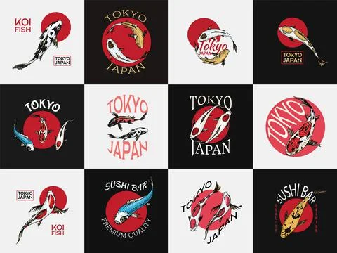 Koi carp and red sun, Japanese fish badges set. Korean animal logo. Engraved Stock Illustration