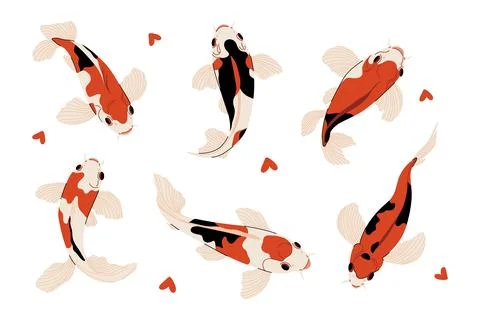 Koi carp fish set. Minimal koifish icons, colorful cartoon oriental carps Stock Illustration