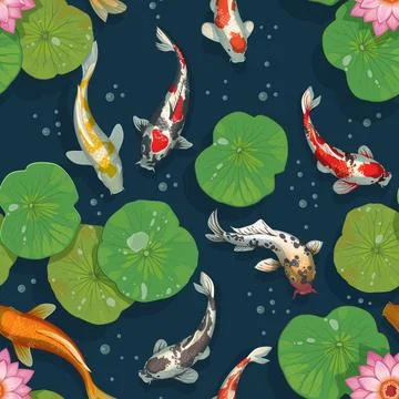 Koi fish pattern. Golden carps seamless texture. Oriental traditional background Stock Illustration