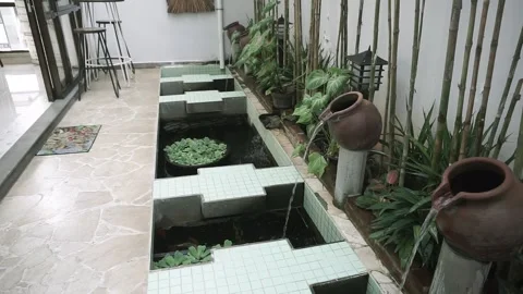 Koi fish pond with mini waterfall Video stock 242927328