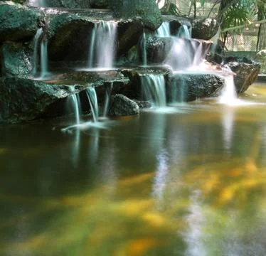 Koi fish pond with waterfalls Stock Photos