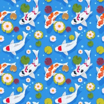 Koi fish seamless pattern. Japanese carp in china garden. Oriental nature Stock Illustration