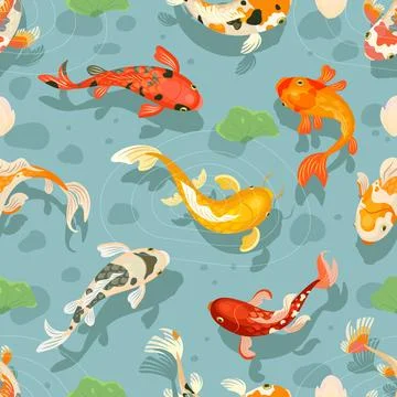 Koi fish seamless pattern. Oriental style fabric print with japanese botanical Stock Illustration