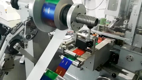 Koln, Cologne / Germany - Machine printing colorful candy wrappers Stock Footage 139419120